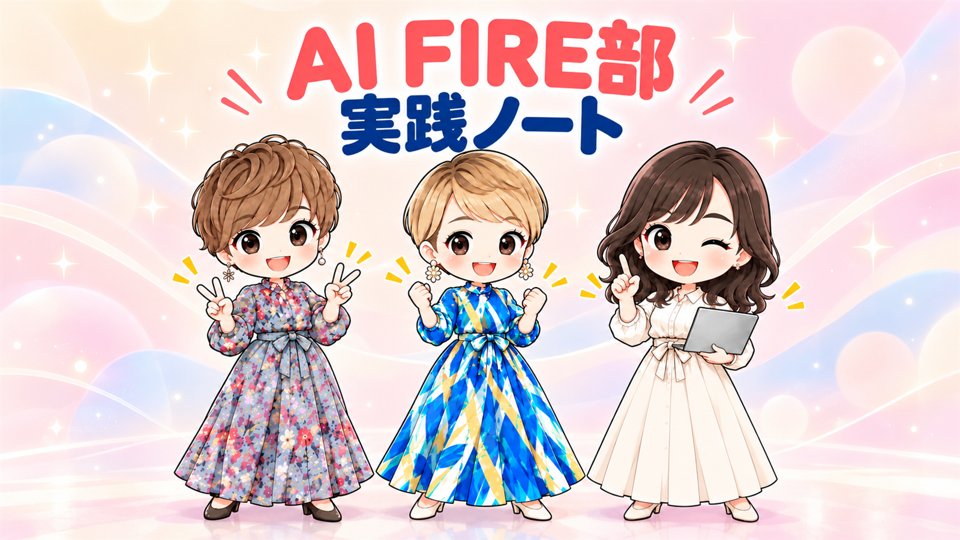 AI FIRE部の看板の前に立つ運営3人（佐藤彩佳・小川春香・亀山千晴）のイラスト